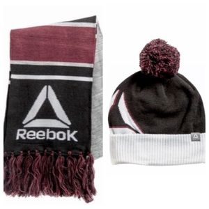 NWT Reebok 2-Piece Knit Scarf and Beanie Pom Pom Hat Maroon White Black Gray